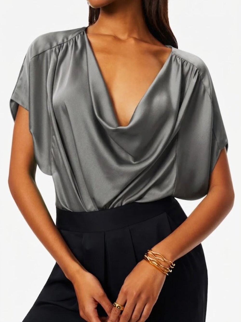 NWT Ramy Brook Women's Grey Gathered Satin Dorothy Top Size L $325
